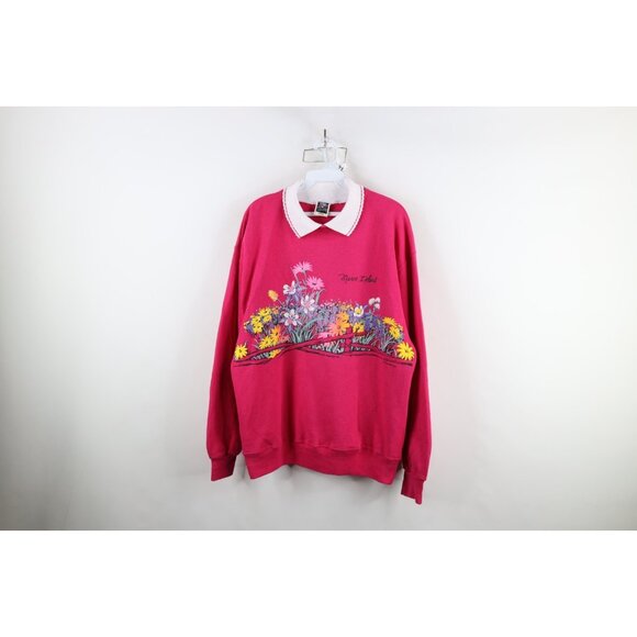 Vintage Tops - Vintage 90s Streetwear Womens Large Marco Island Flower Collared Sweatshirt USA
